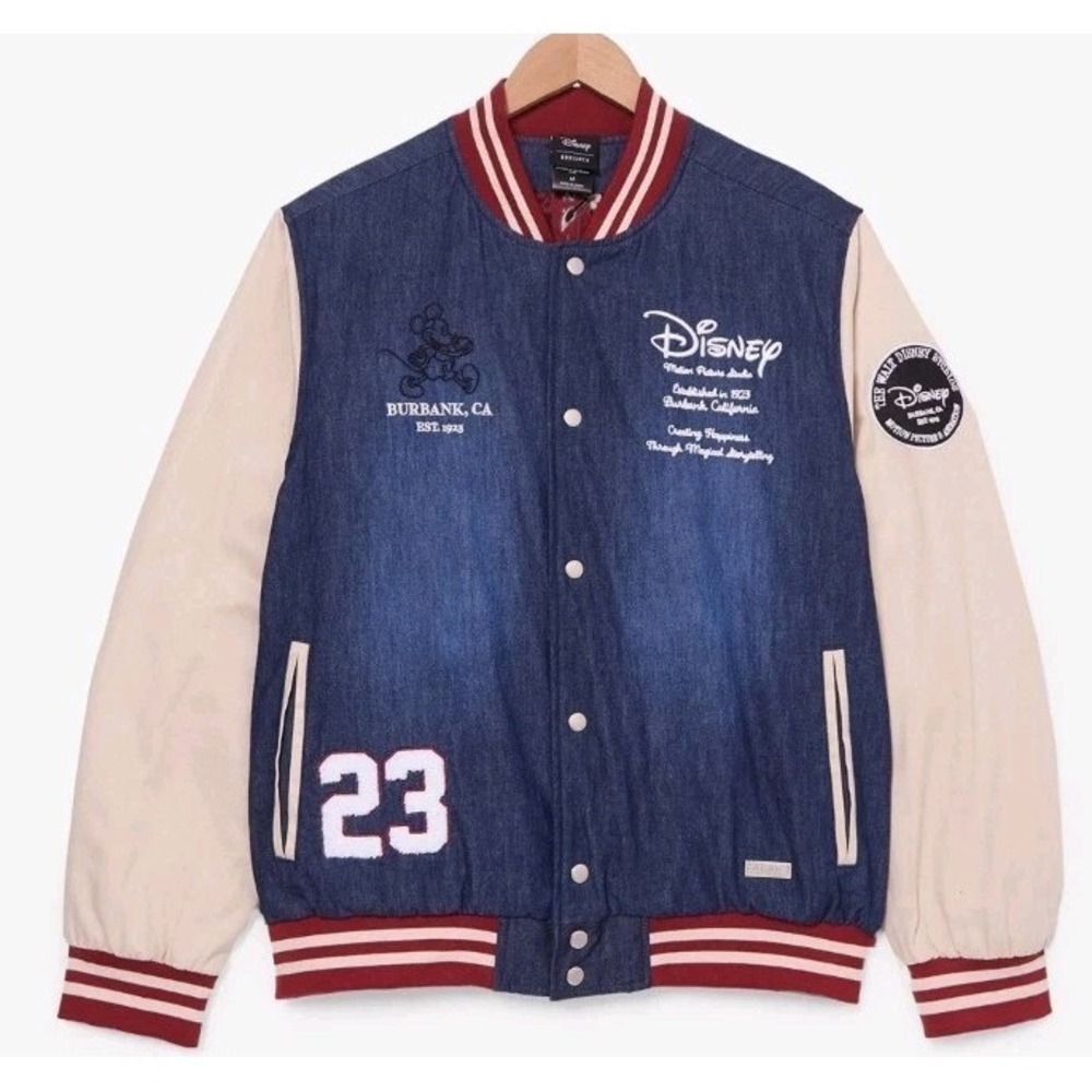 NEW Disney Animation Denim Varsity Jacket Men XL Embroidered Logo Cartoon Lined